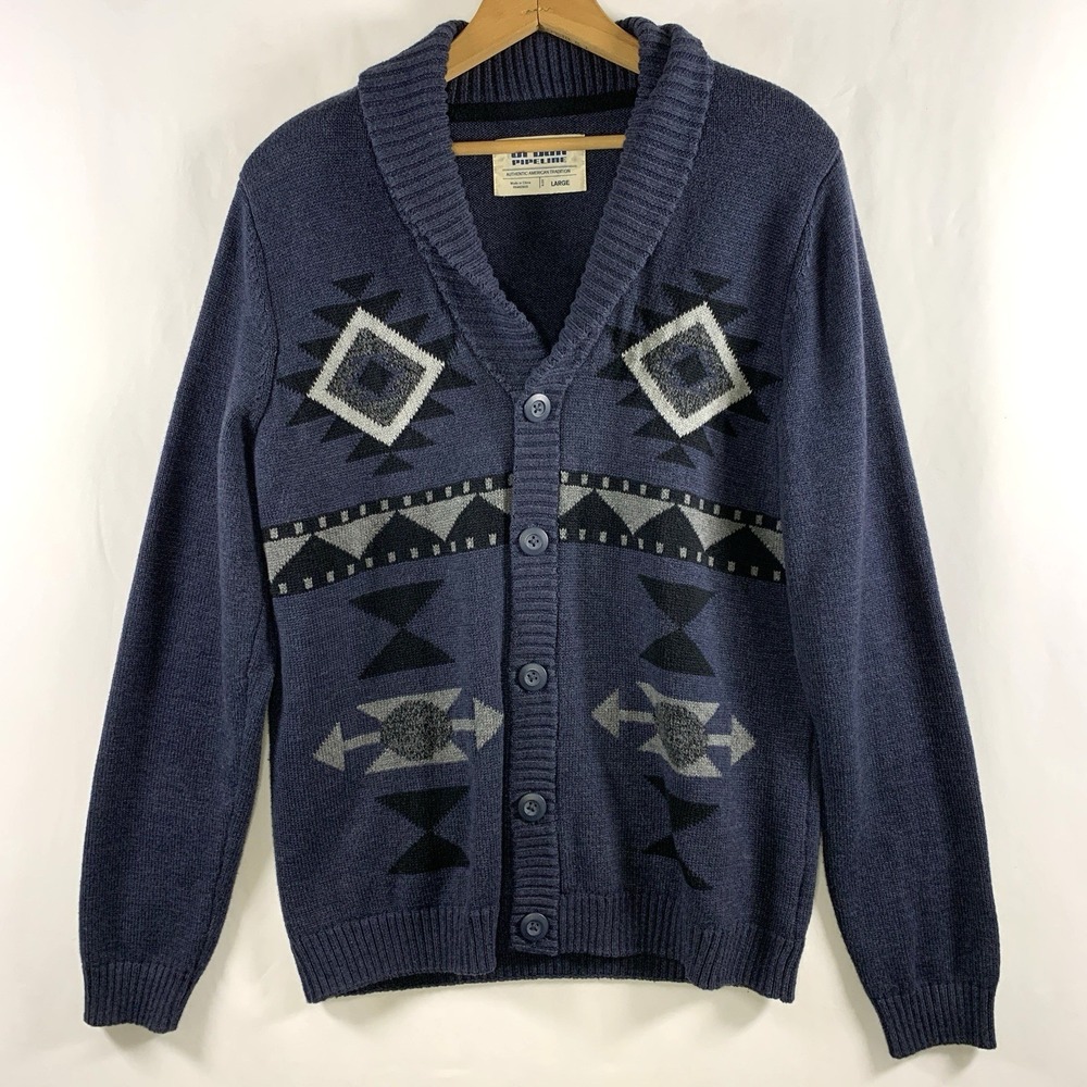 Mens Southwestern Shawl Collar Cardigan Sweater Sz‎ L Blue Heritage Aztec Rustic